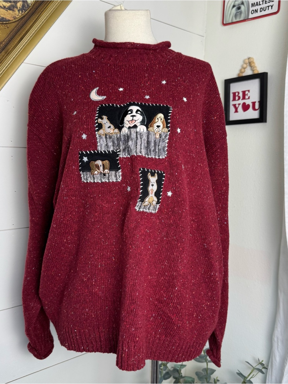 Vintage Big Dogs Womens Dog Puppy Speckled Wool Sweater Maroon Embroidered XL